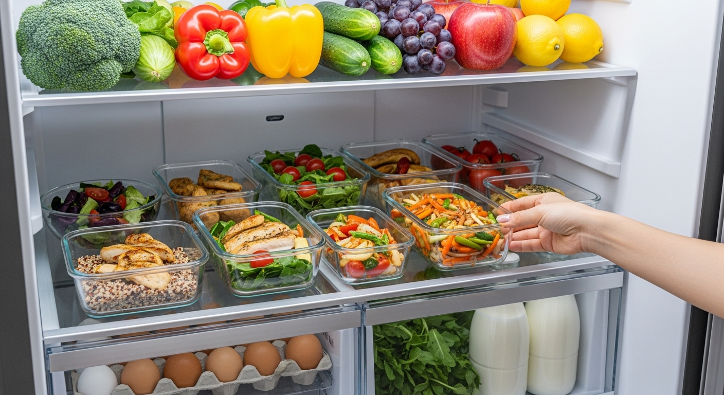 신선한 식재료와 미리 준비된 도시락으로 잘 정리된 냉장고, 식비 절약 습관을 보여줍니다.