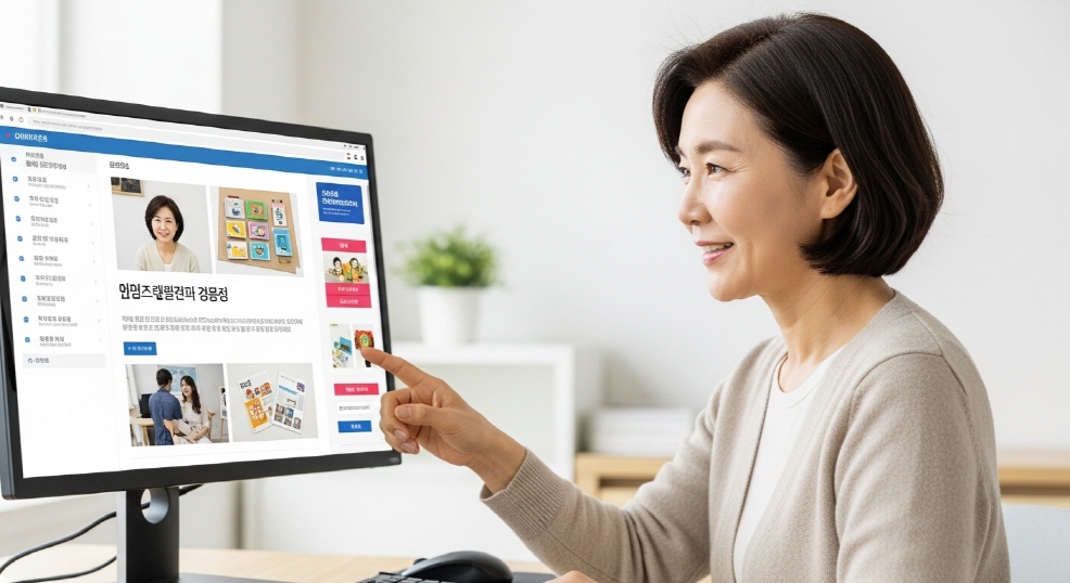 컴퓨터 화면에서 혜택 안내 페이지를 보는 중년 여성