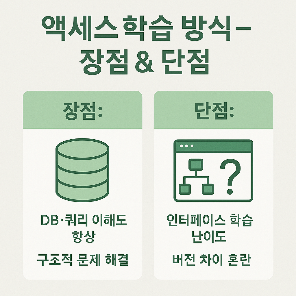 컴활 1급 실기 대비 액세스 과목의 장점과 단점을 DB 설계&middot;쿼리 이해도 향상과 학습 난이도 측면에서 정리한 이미지