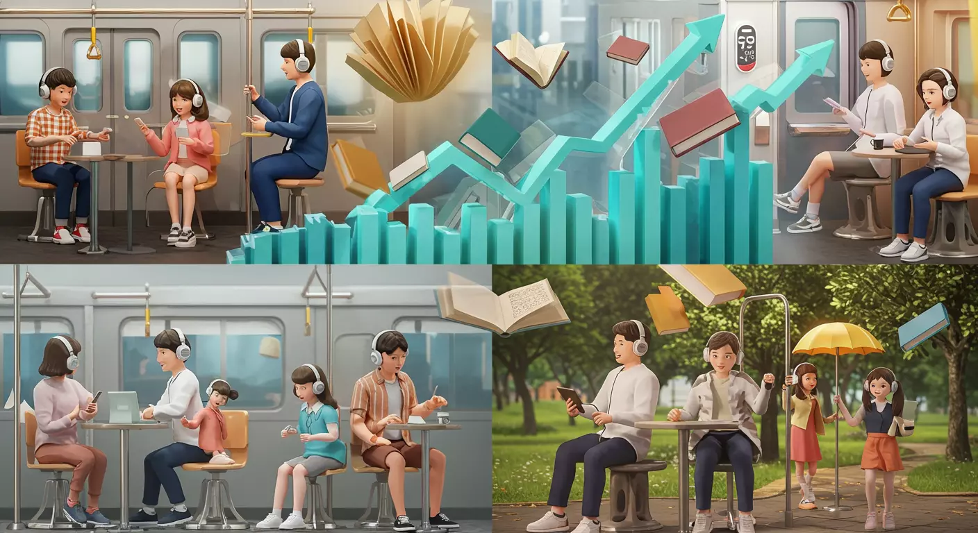 오디오북 시장의 연평균 25% 폭발적 성장을 보여주는 상승 그래프와 헤드폰을 착용한 다양한 연령대의 사용자들