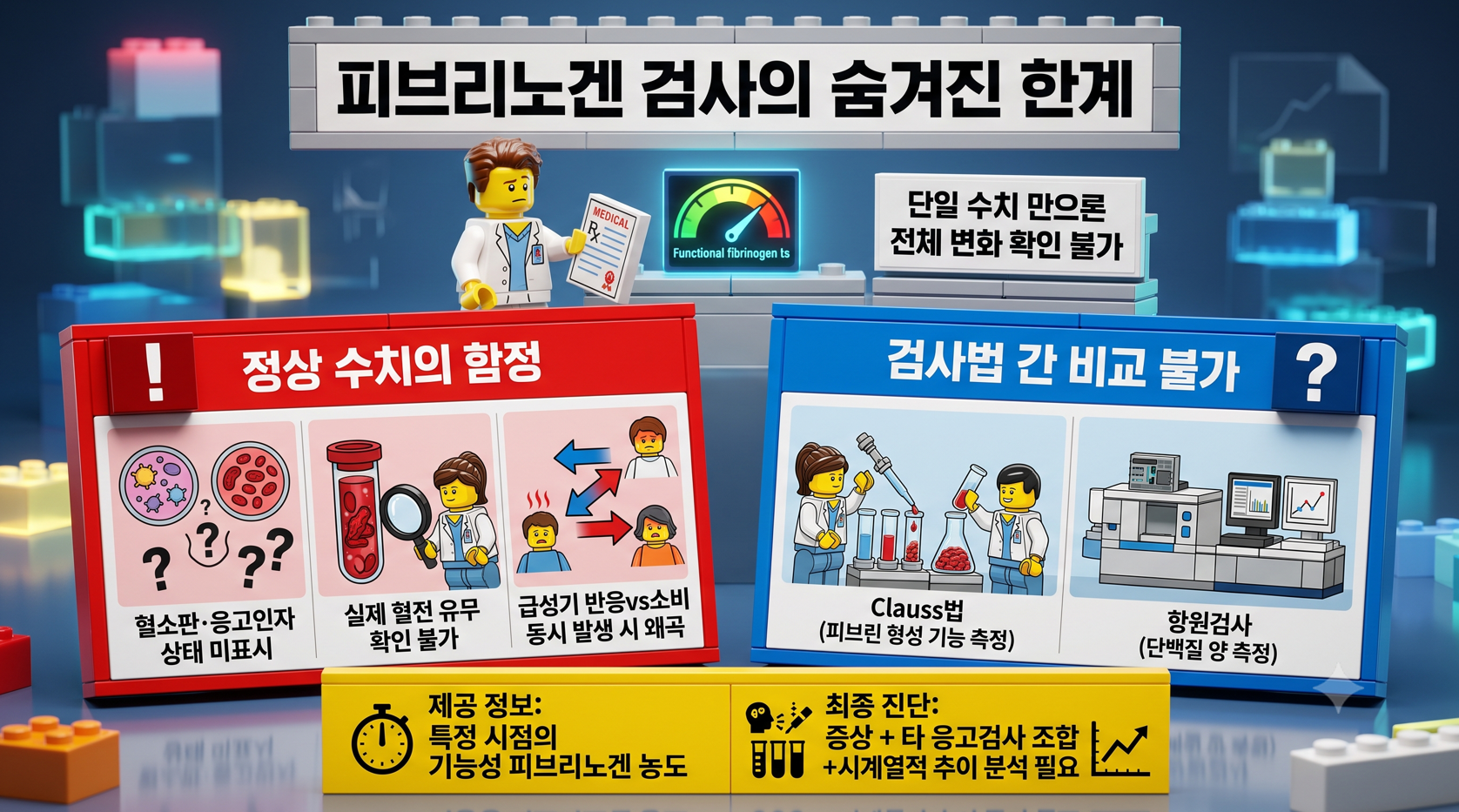 피브리노겐 검사의 표기법, 수치 불일치, D-dimer 연관성 등 주요 궁금증을 다룬 Q&A 3D 레고 인포그래픽