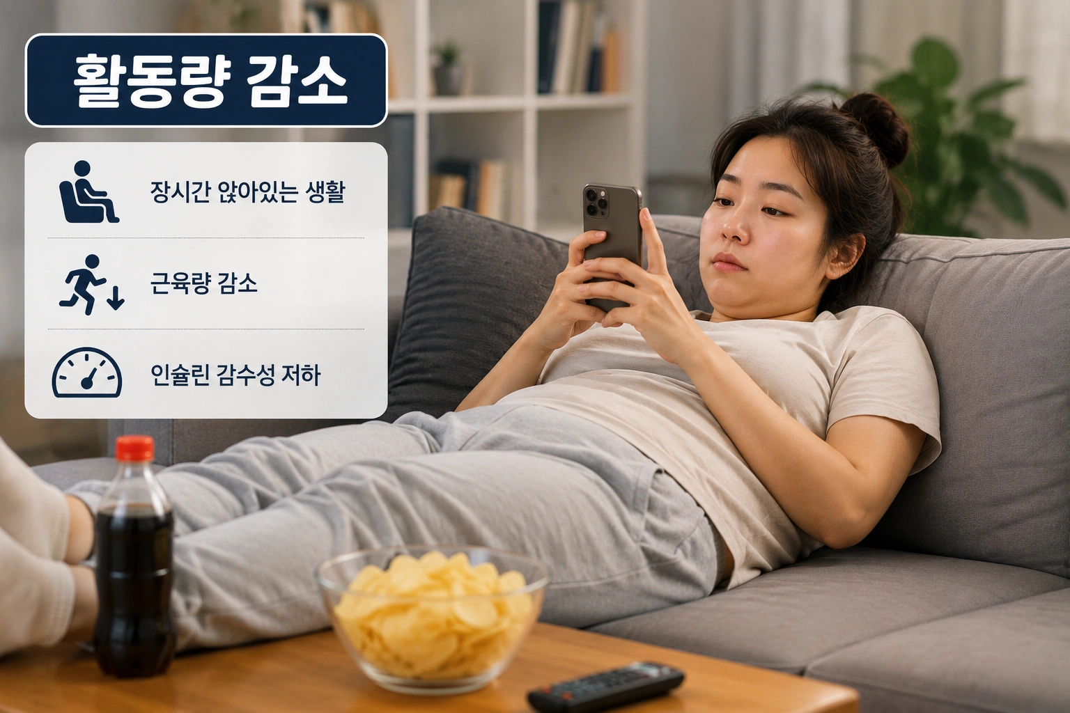 소파에 누워 스마트폰을 사용하는 생활습관과 활동량 감소를 보여주는 이미지