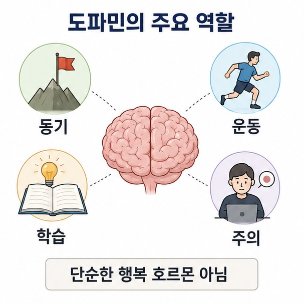 도파민이 동기와 운동, 학습, 주의력 등 다양한 뇌 기능에 관여하며 단순한 행복 호르몬이 아님을 설명한 이미지