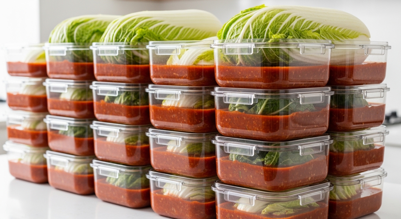 김치냉장고 보관을 위해 투명 용기에 꾹꾹 눌러 담긴 신선한 김장김치들.