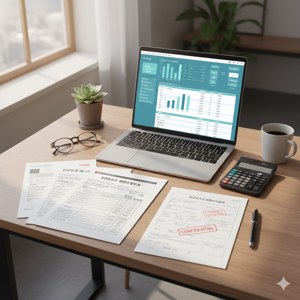 깔끔한 사무실 데스크 위에서 안경과 펜, 그리고 서류를 꼼꼼히 검토하며 직원의 연말정산을 준비하는 전문적인 사장님의 업무 환경