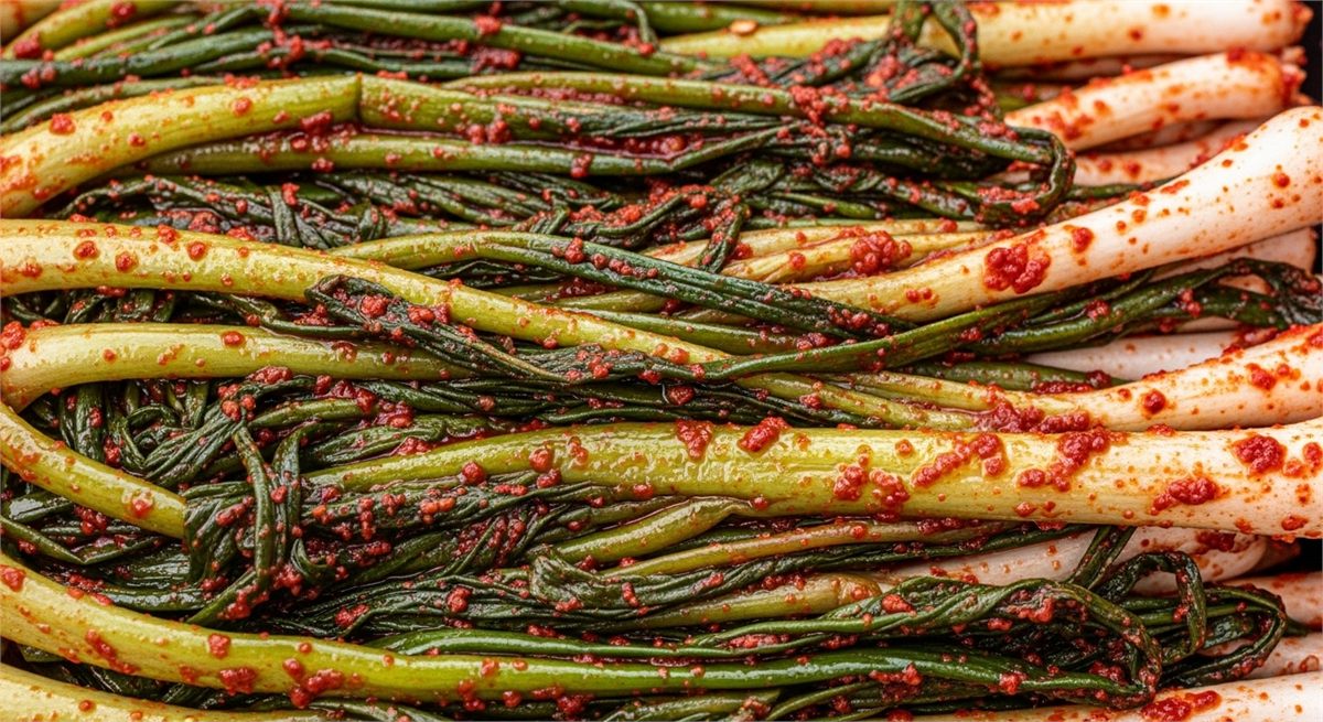 잘 숙성된 파김치의 윤기와 결을 보여 주는 근접 장면