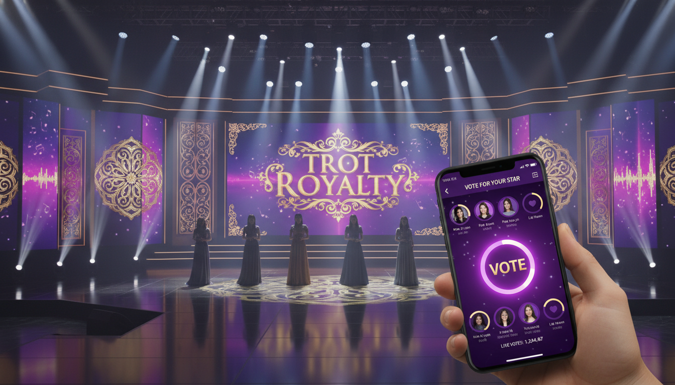 화려한 조명 아래 서 있는 미스트롯4 본선 진출자들의 실루엣과 이를 배경으로 스마트폰 투표 앱 화면이 켜져 있는 모습