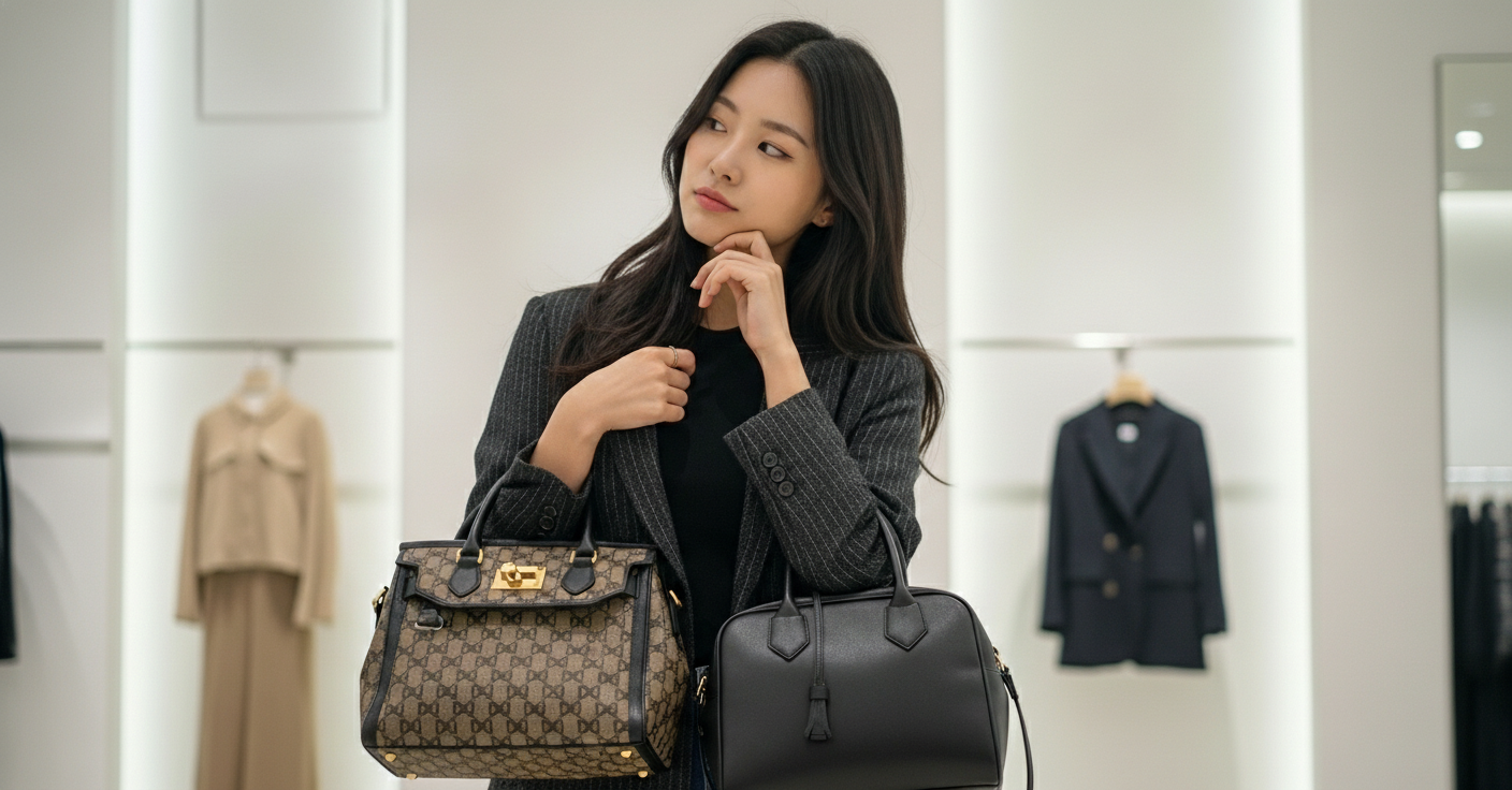 현대적인 의류 매장에서 두 개의 유사한 핸드백을 비교하며 스타일을 점검하는 MZ세대 한국 여성