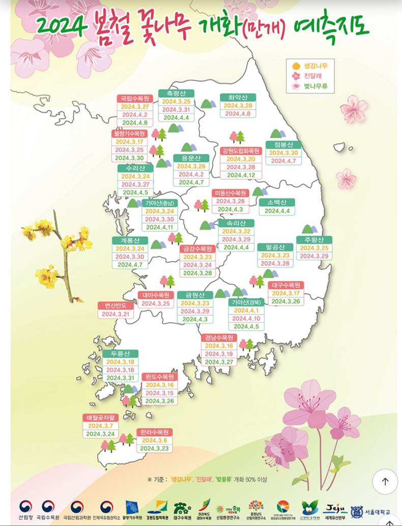 2024년 진달래꽃 전국 수목원 개화 날짜