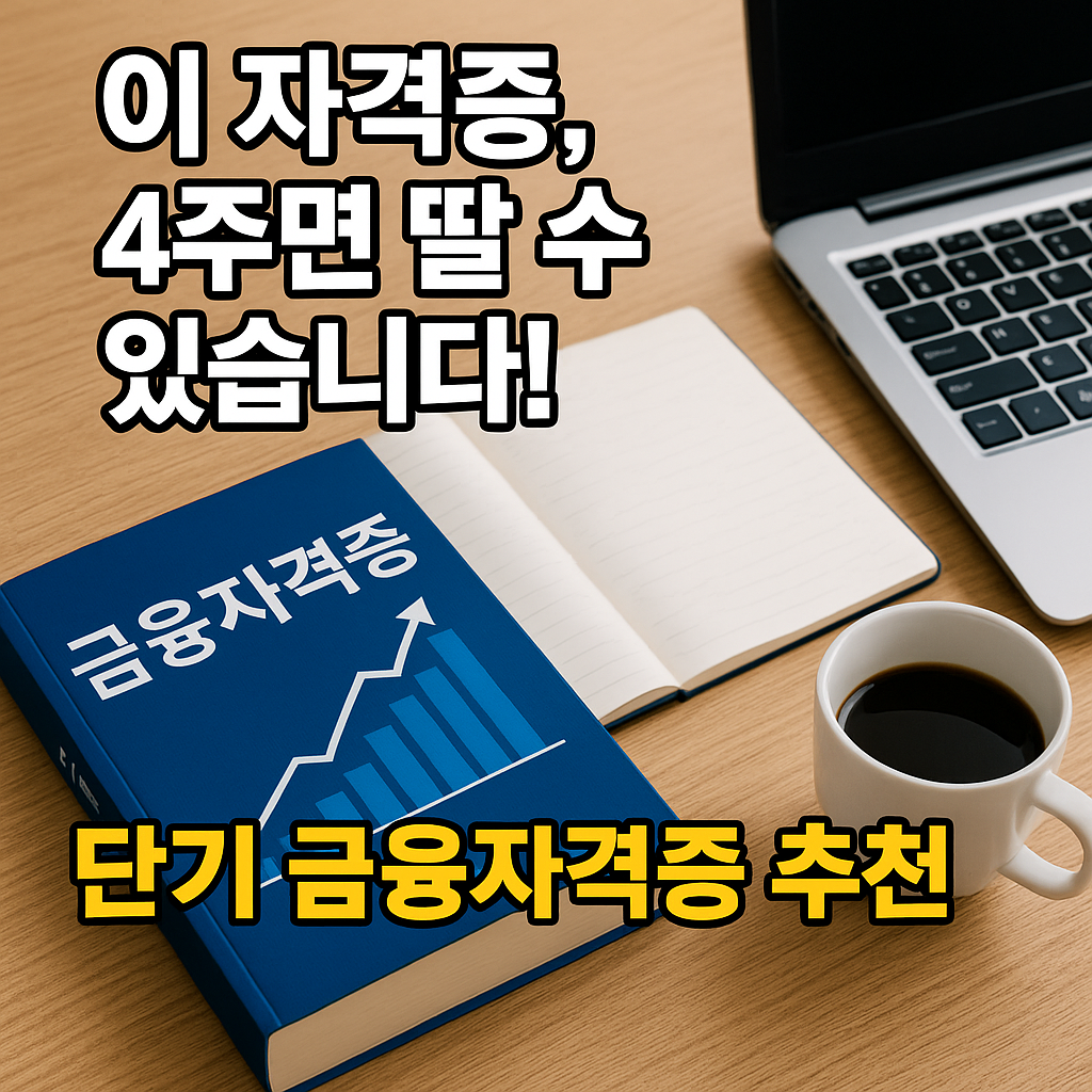 금융자격증 교재, 노트북, 커피잔이 놓인 책상 위에 '이 자격증, 4주면 딸 수 있습니다!'라는 문구가 강조된 이미지