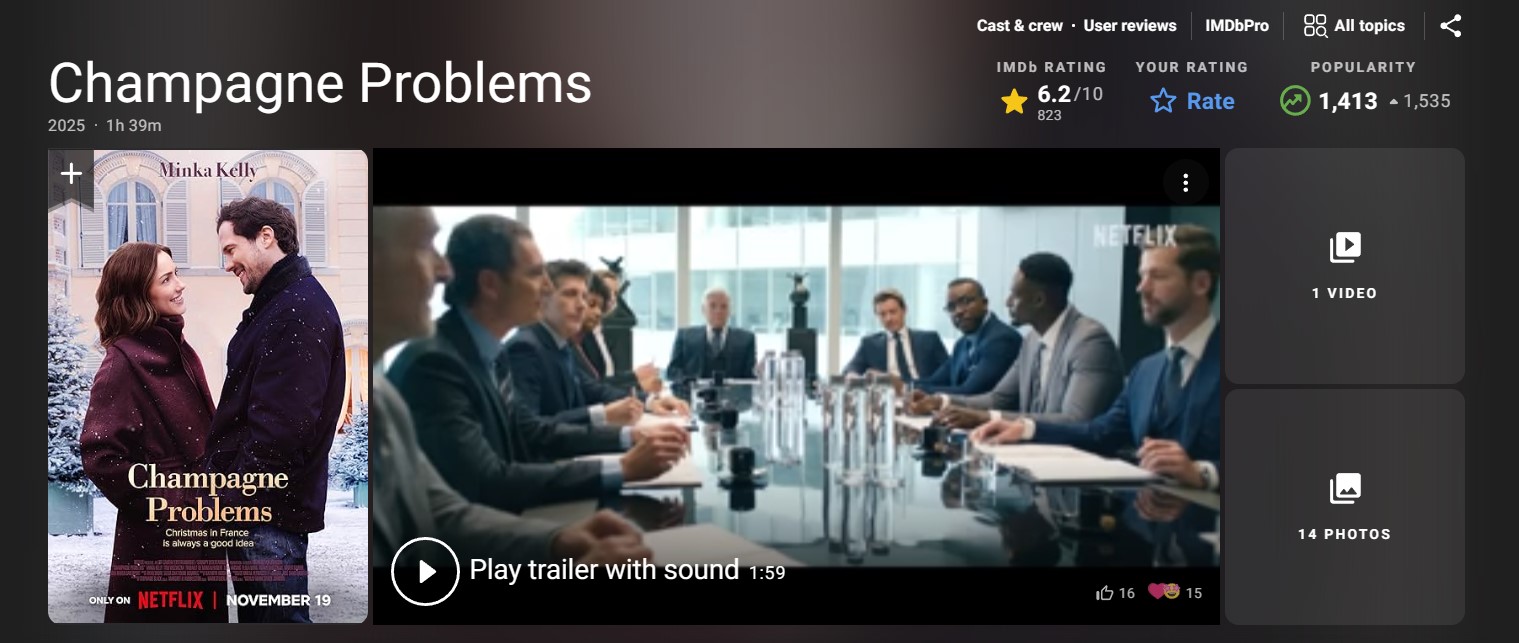 샴페인 프라블럼 IMDb 평점 6.2/10 화면 &ndash; 영화 포스터와 예고편 장면이 포함된 IMDb 정보 스크린샷