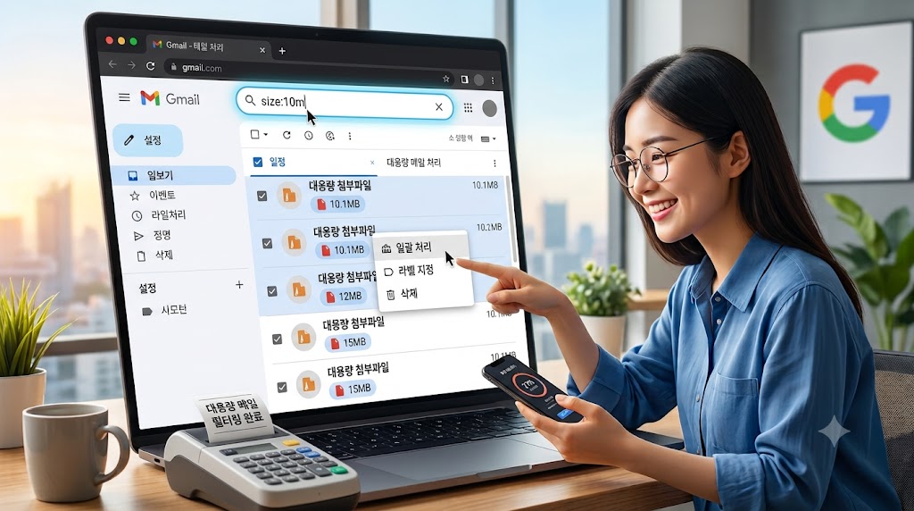 지메일 검색창에 용량 필터 연산자를 입력하여 대용량 메일을 추출한 화면