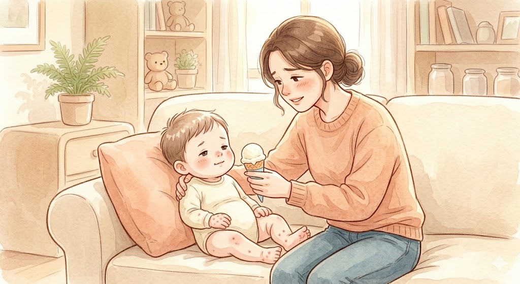 A tired but smiling mother sitting beside her sick baby on a sofa, gently offering a small ice cream as the baby gives a faint smile during hand foot and mouth disease recovery.