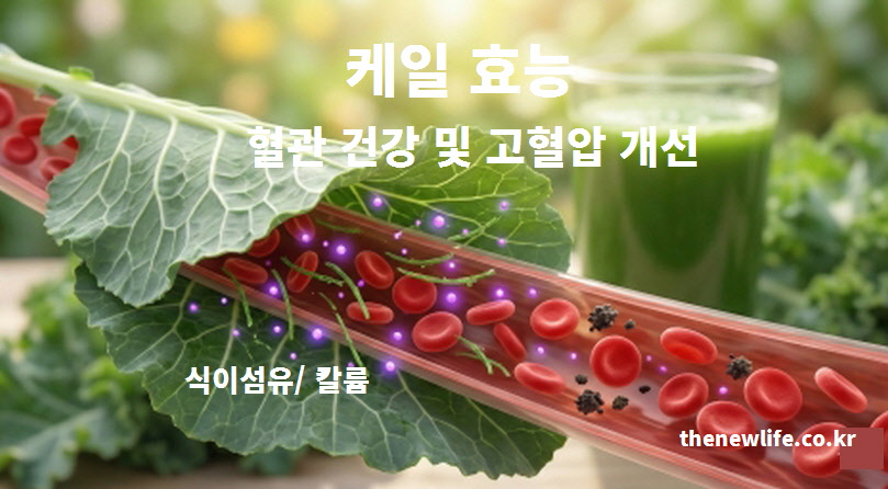 케일 효능 혈관 건강 및 고혈압 개선: 칼륨과 식이섬유가 풍부해 체내 나트륨을 배출하고 혈압을 낮추는 원리를 설명한 이미지
