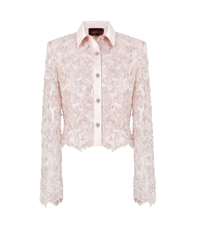 장신영 블라우스! 태양을 삼킨 여자 67회 루시아의 희전부티크 핑크 비즈 레이스 블라우스 재킷