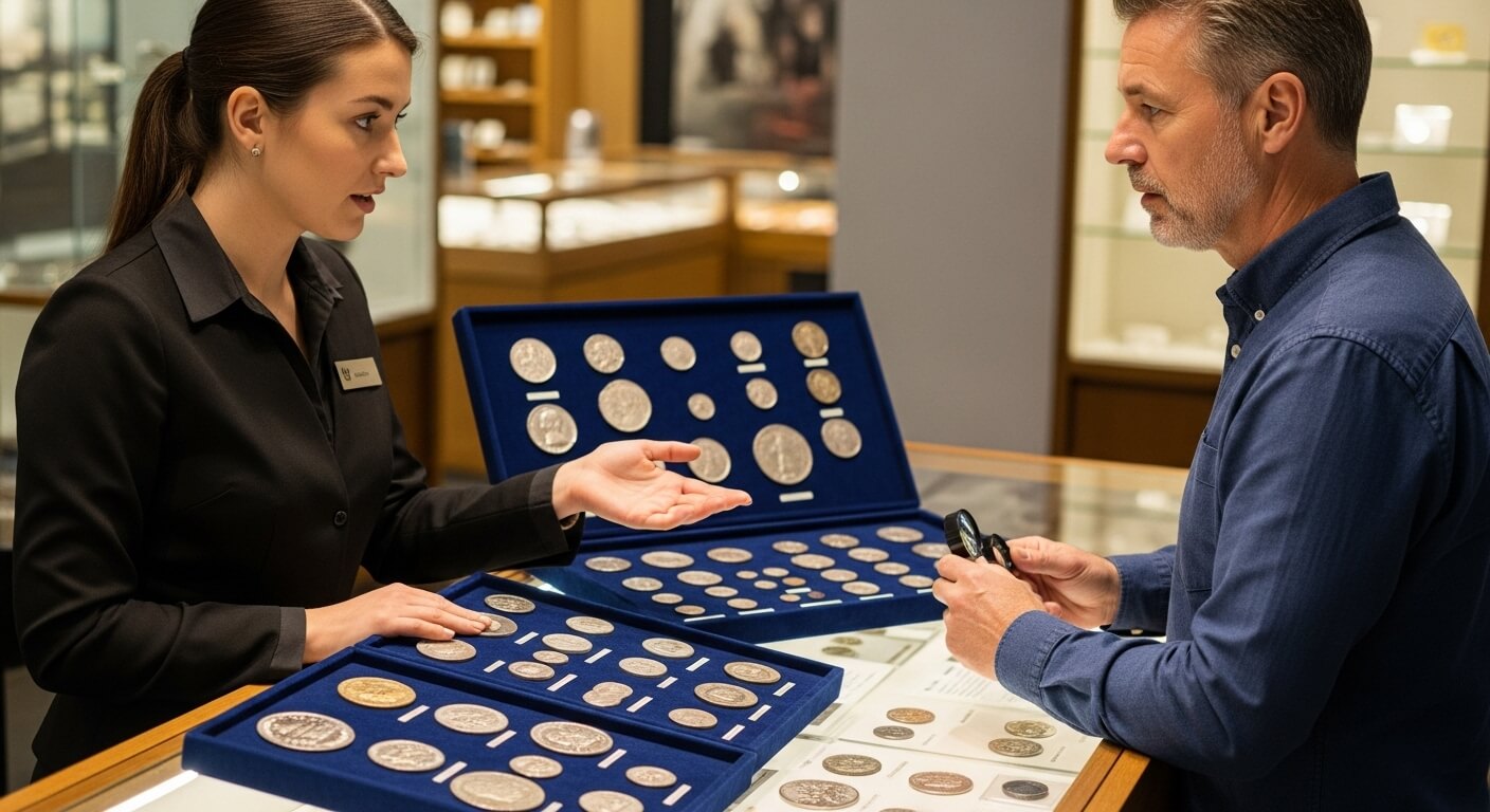 여성 판매원이 남성 고객에게 다양한 기념주화 세트를 설명하며 진열대 위에 펼쳐 보이는 장면