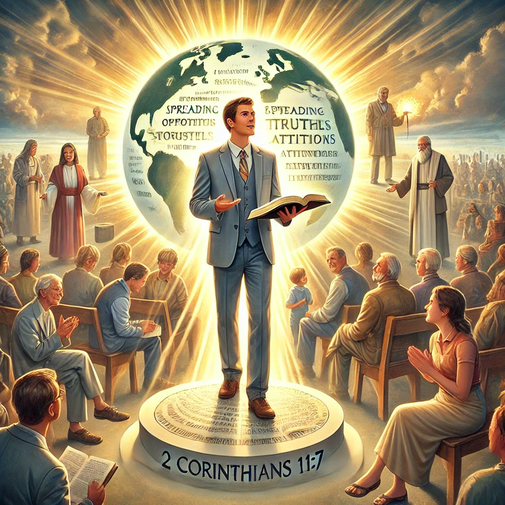 Here is the inspiring image depicting a person embodying the principles from 2 Corinthians 11:7&amp;#44; living a life devoted to knowing and proclaiming God through sharing the Gospel&amp;#44; personal devotion&amp;#44; and spreading truth.
