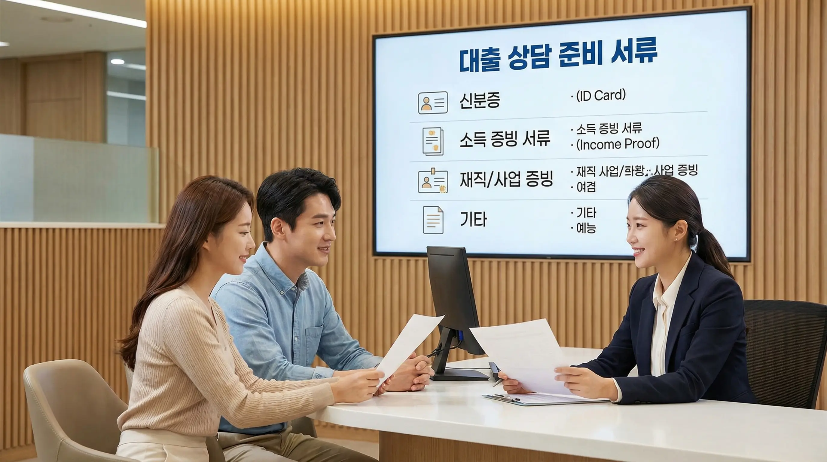 은행 창구에서 대출 상담을 받는 모습과 미리 준비해야 할 서류 목록을 보여주는 인포그래픽