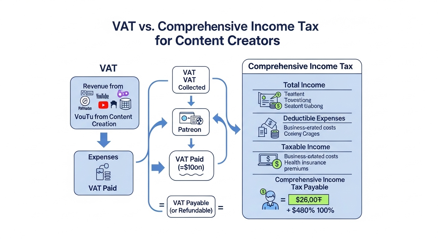 부가가치세와 종합소득세의 개념을 시각적으로 비교 설명하는 인포그래픽입니다.