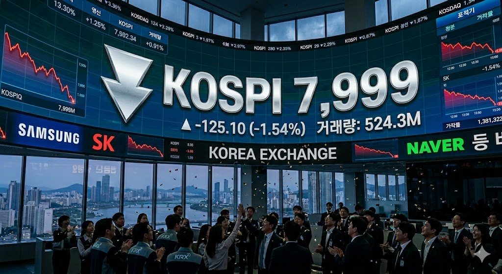 은색 하락 화살표와 함께 'KOSPI 7,999'라는 숫자가 크게 적힌 전광판 이미지