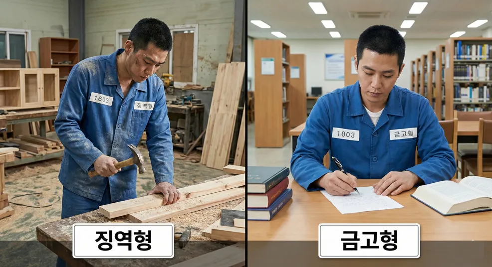 화면을 반으로 나누어 왼쪽은 징역(일하는 모습), 오른쪽은 금고(명상/독서하는 모습) 배치.