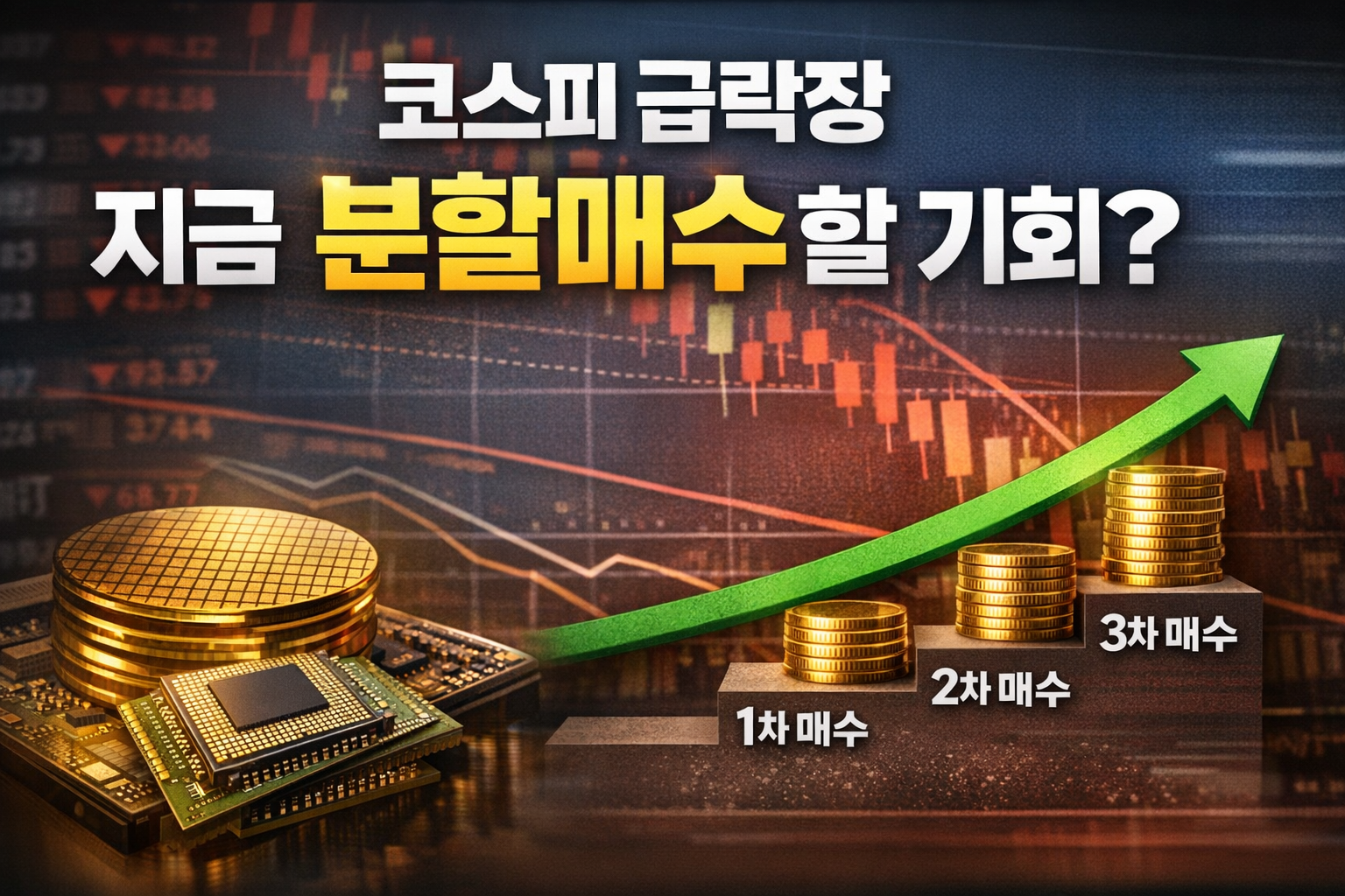 코스피 하락장 속 반도체 투자와 분할매수 전략을 설명하는 금융 분석 이미지