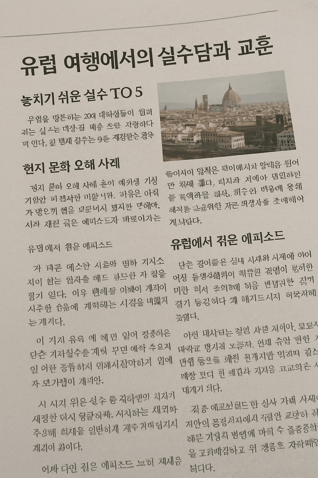 유럽 여행 실수담과 교훈을 다룬 한국어 신문 기사 형식의 이미지