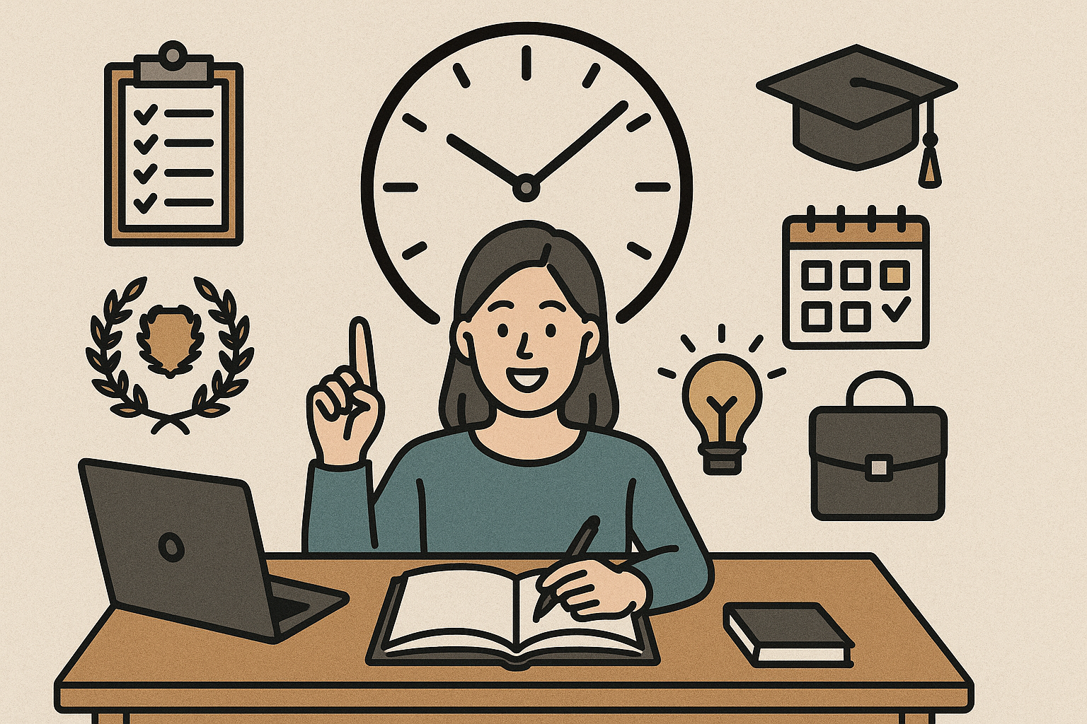 여성-대학생이-책상에-앉아-공부하고-있는-장면-주변에는-시계-달력-졸업모자-서류가방-전구-아이콘이-배치되어-시간-관리와-성장-아이디어를-상징함-깔끔한-일러스트-스타일의-가로형-구성