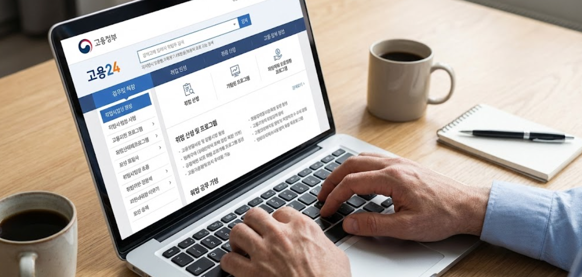 책상에 앉아 노트북으로 '고용24' 홈페이지를 검색하며 신청을 준비하는 손