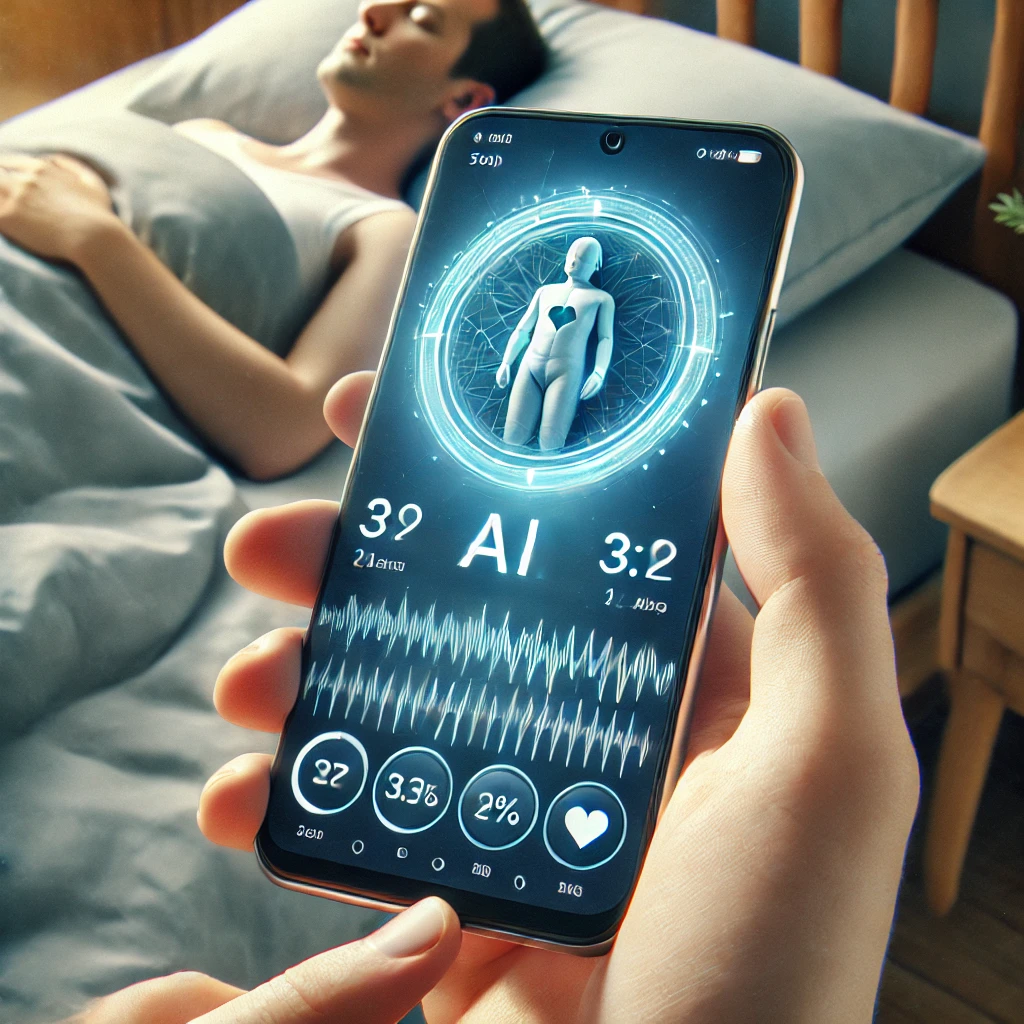 AI 기반 수면 모니터링 기기를 사용하는 모습 - 스마트폰 화면에 수면 데이터가 표시되는 장면