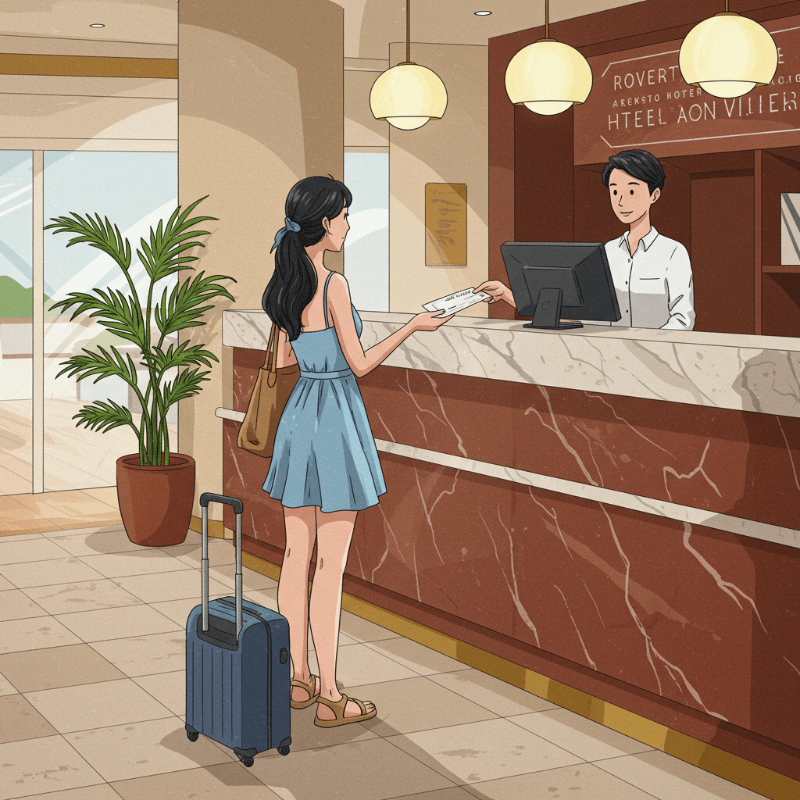 호텔 바우처를 보여주고 있는 여자