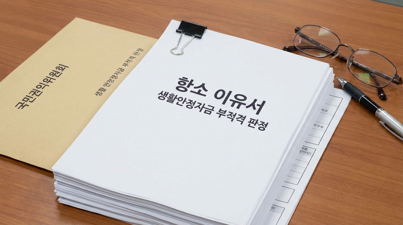 생활지원금 부적격 판정에 대해 증빙 서류를 준비하여 이의신청을 진행하는 서류 뭉치