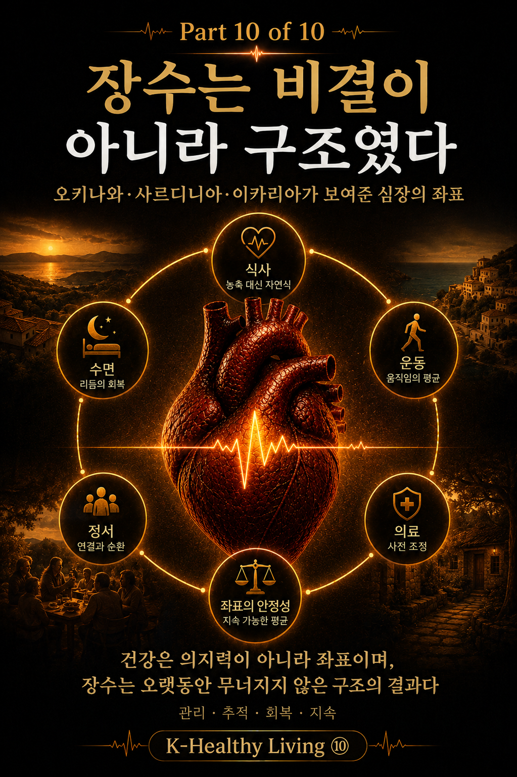 An anatomical heart at the center of interconnected lifestyle factors, representing health coordinates, sustainable routines, recovery, and longevity through balanced daily structures.