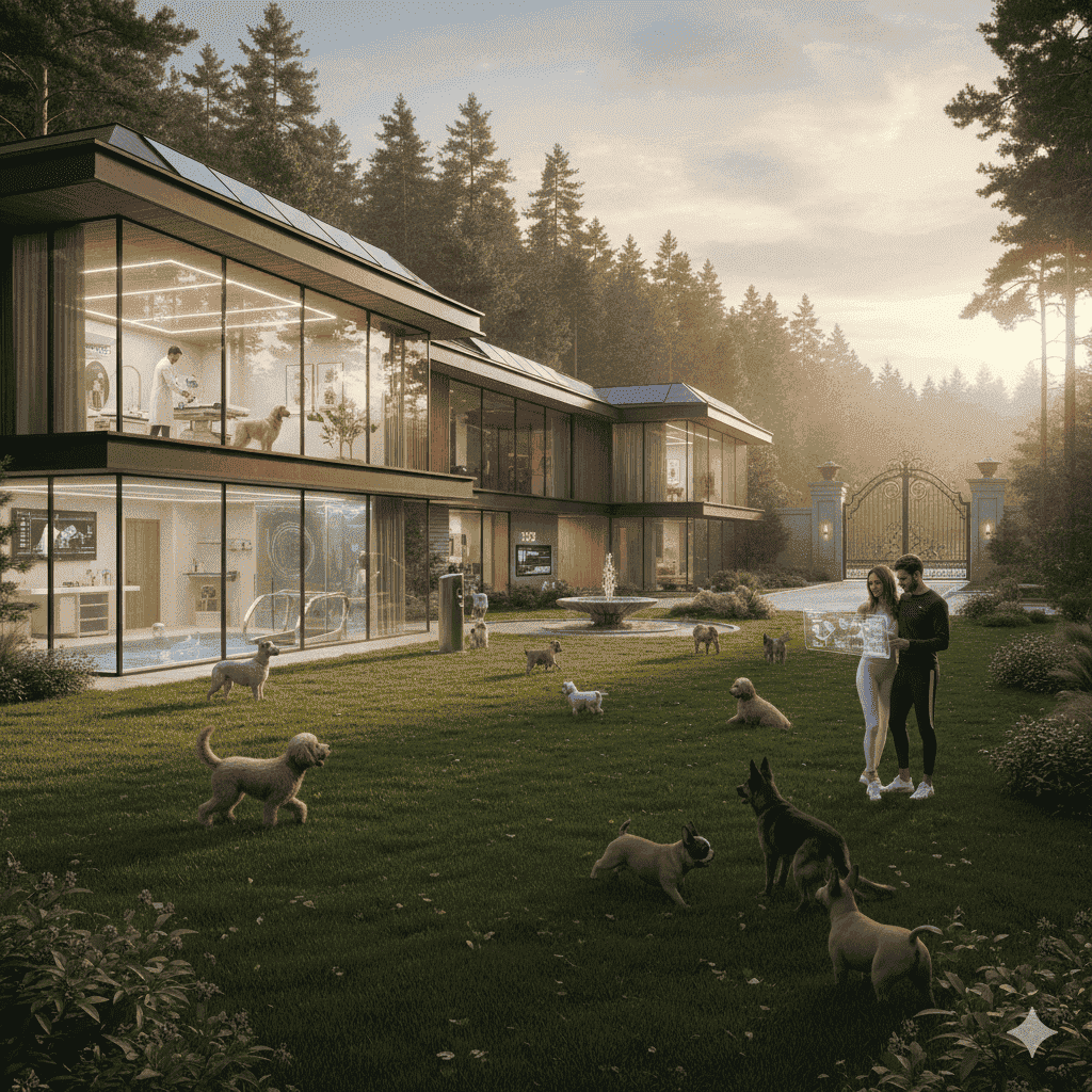 넓은 잔디 마당에서 반려동물들이 자유롭게 뛰노는 하이엔드 주거 환경