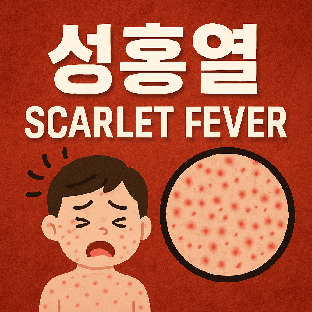 성홍열이라고 글자가 적혀있고 하단에는 피부에 발진이 일어난 아이가 있음