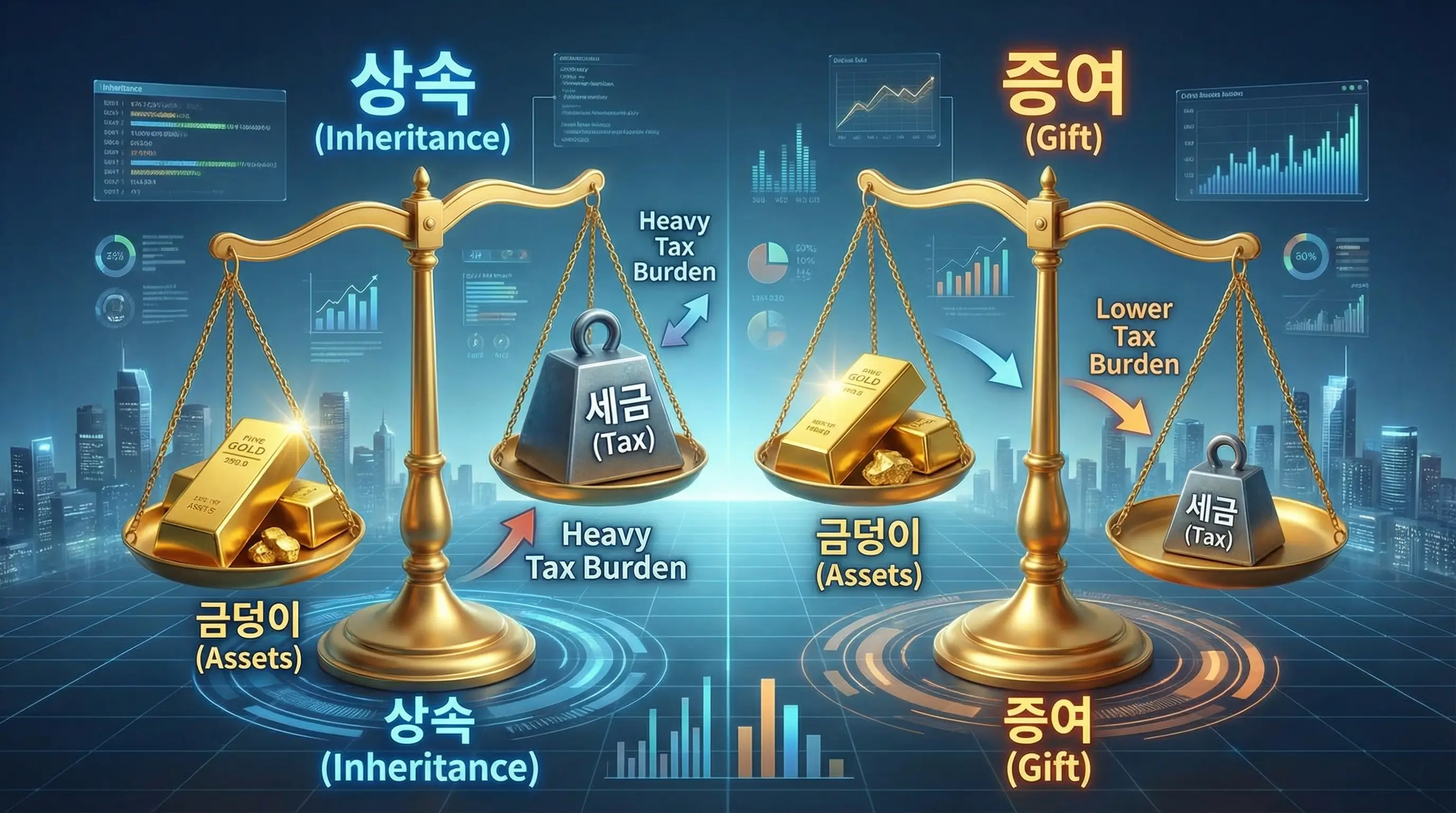 상속(Inheritance)'과 '증여(Gift)'라고 적힌 두 개의 저울에 금덩이(Assets)를 올려두고, 세금(Tax) 무게를 비교하는 3D 인포그래픽