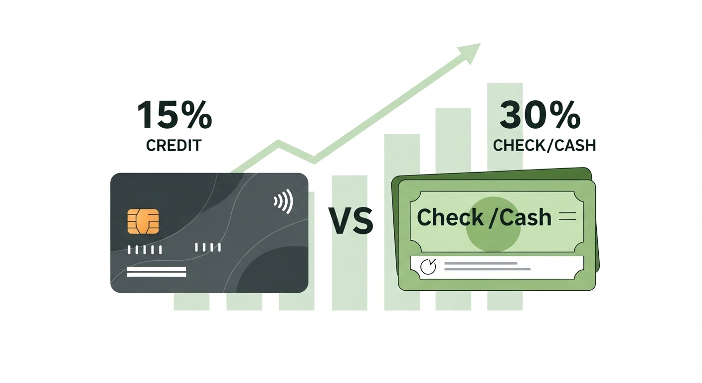 신용카드와 체크카드의 소득공제율(15%, 30%)을 비교하는 이미지. 연말정산 시 유리한 카드 사용 전략을 나타냅니다.
