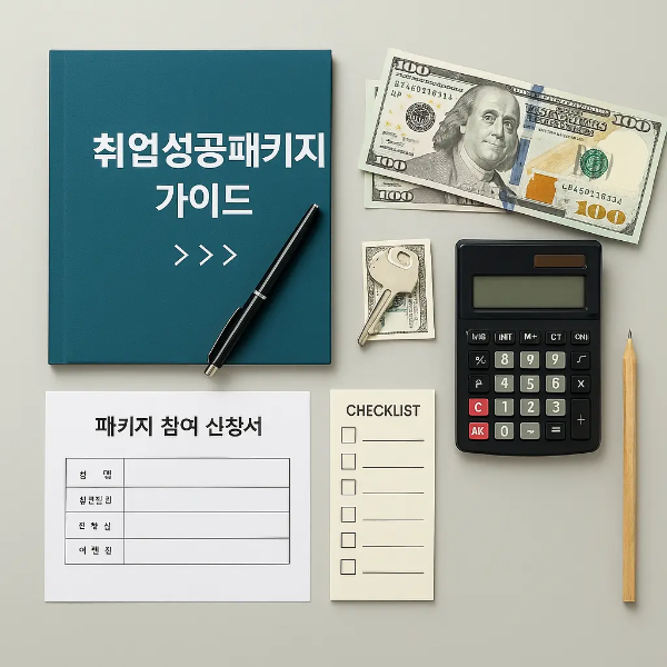 내일배움카드, 자격증 수험서, 신청서, 체크리스트, 볼펜이 깔끔하게 정돈된 책상 위 스튜디오컷 이미지