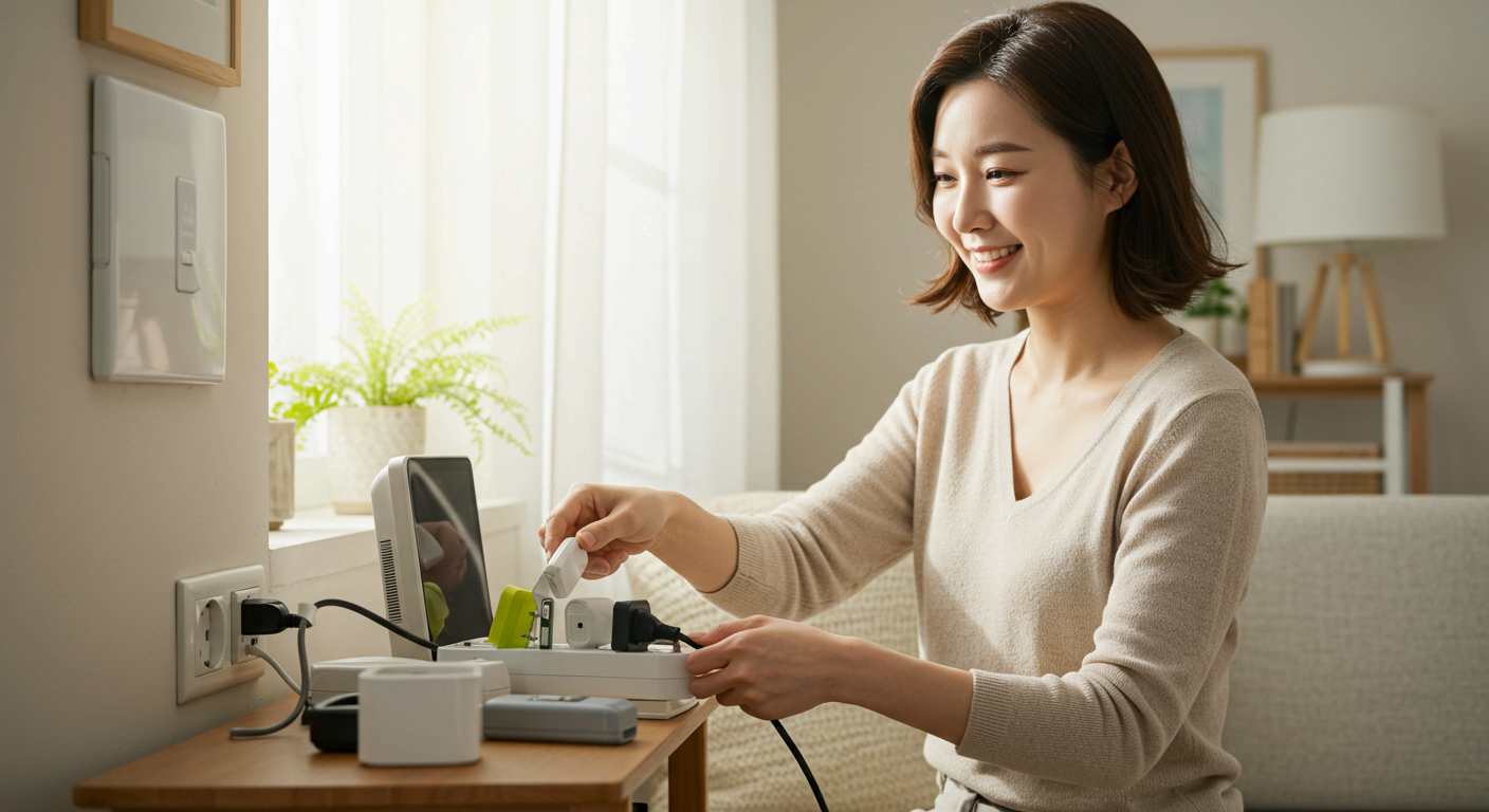 한국 여성이 전기제품 플러그를 뽑으며 전기요금을 절약하는 모습, 밝고 깔끔한 가정 환경