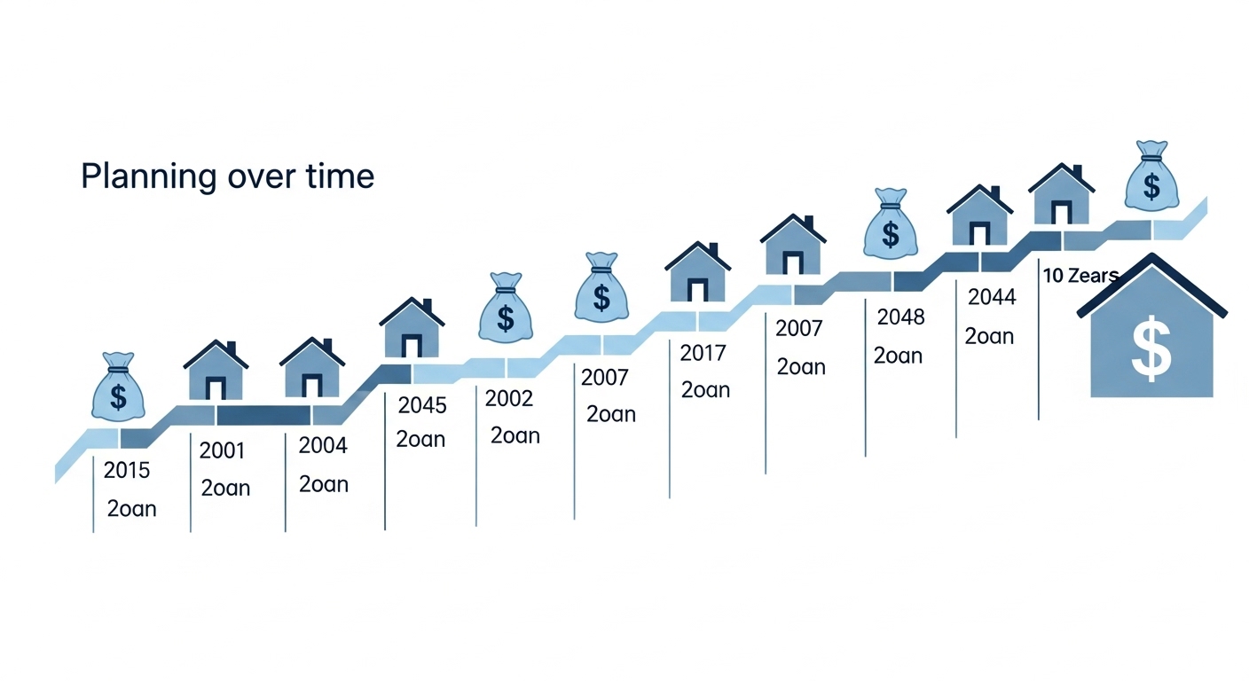 분할증여를 시각화한 그림: 10년 주기 타임라인에 따라 여러 번에 걸쳐 나누어 증여하는 모습