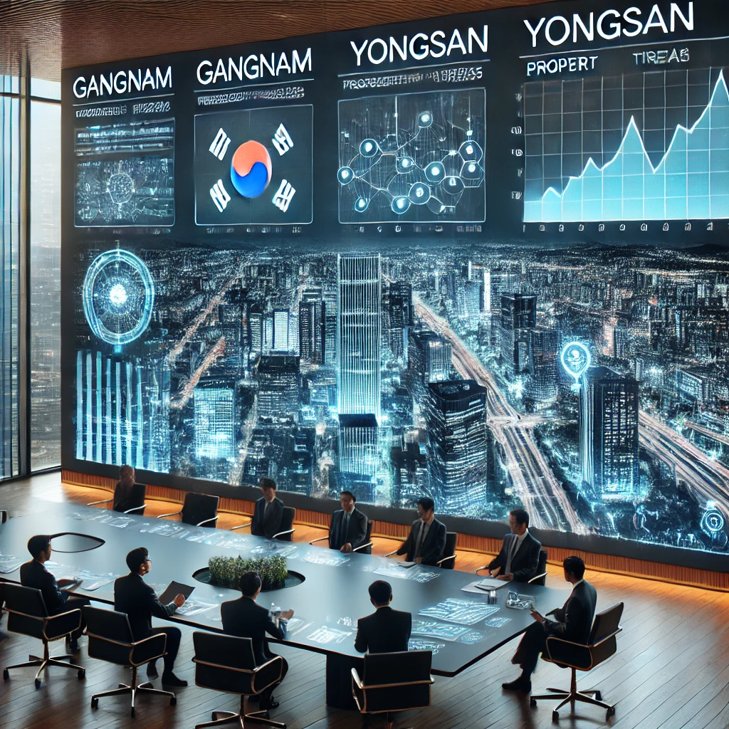 부동산 투자 회의에서 강남, 마포, 용산의 부동산 가격 전망과 투자 기회를 분석하는 전문가들의 모습.