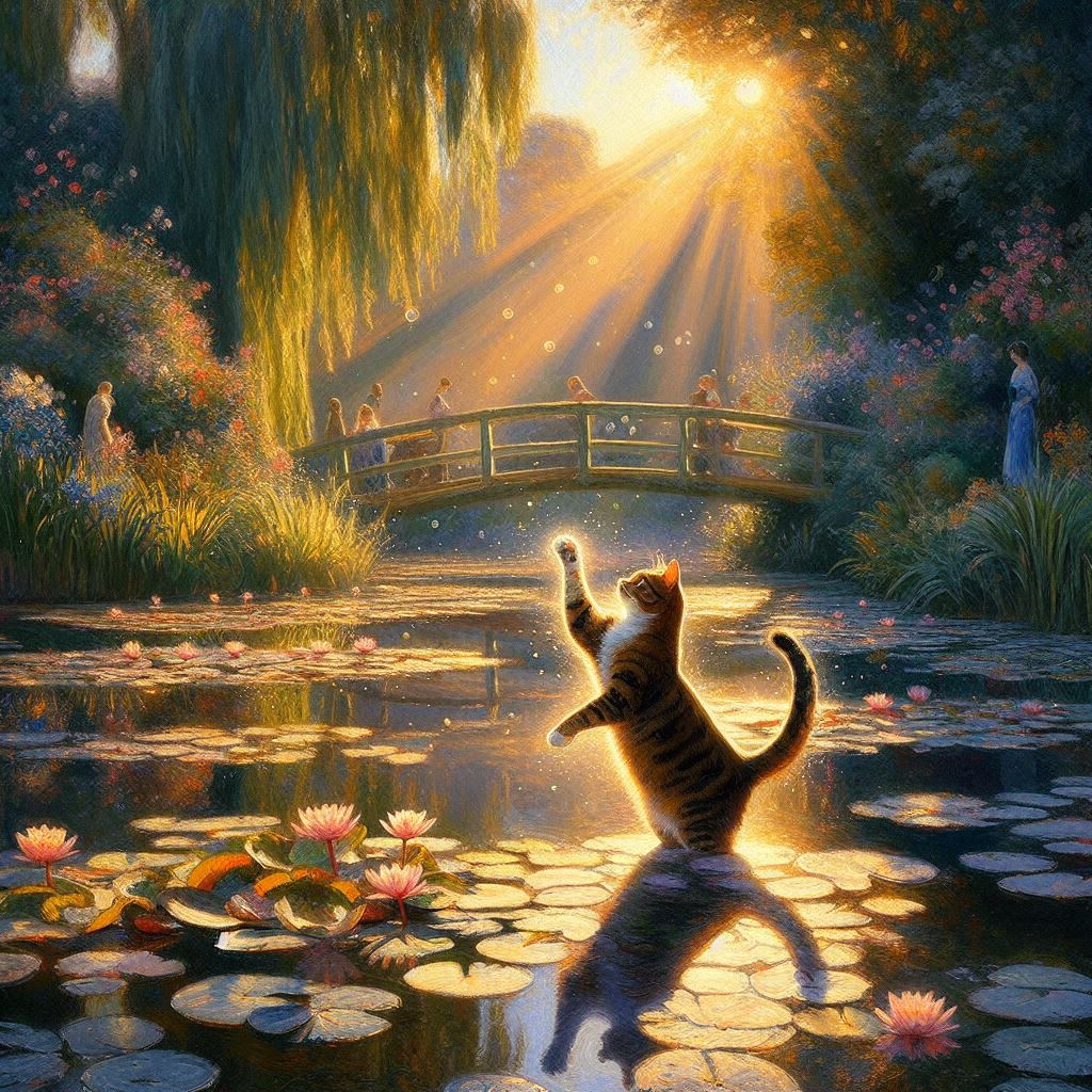 지베르니 정원 수련 연못가에서 마법을 부리는 우아한 고양이, 클로드 모네 인상주의 스타일로, 아침 햇살의 빛과 그림자 효과