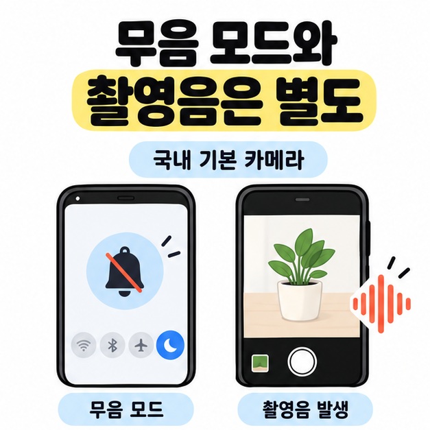국내 기본 카메라에서 무음 표시가 있는 휴대전화와 촬영음 파형이 있는 카메라 화면을 나란히 비교한 그림