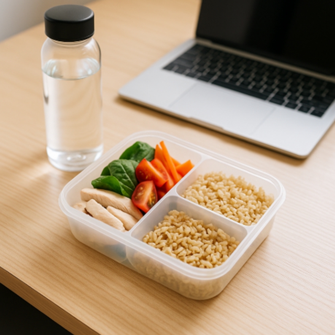 사무실 책상 위에 단백질&middot;채소&middot;탄수로 구성된 도시락과 물병이 놓인 모습.