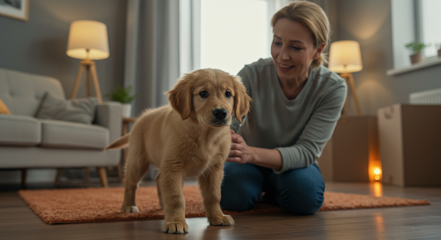 worried puppy in new home environment with concerned owner comforting it