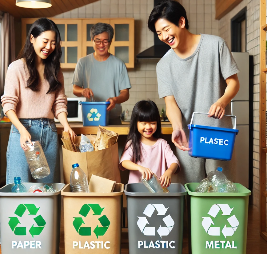 온 가족이 재활용 분리배출하는 모습