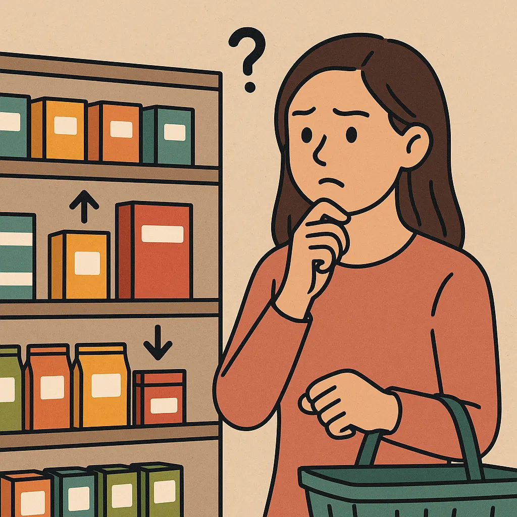 진열대-위치에-따라-판매량이-달라지는-이유를-표현한-일러스트로,-여성이-눈높이에-있는-상품을-고민하며-고르는-모습이-그려져,-소비자의-시선과-구매-결정의-관계를-상징함.