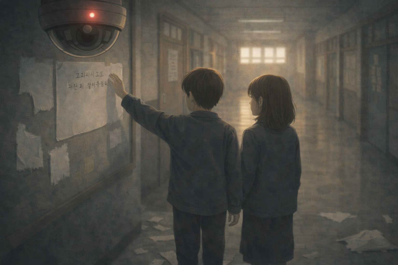 학교 복도 게시판 앞에서 엘라이와 여학생이 찢어진 종이 흔적 위에 다시 질문을 붙이는 장면, 붉은 CCTV 감시등 아래에서 진실을 지우려는 시스템에 맞서는 연대를 상징하는 &lsquo;기초 시민상&rsquo;