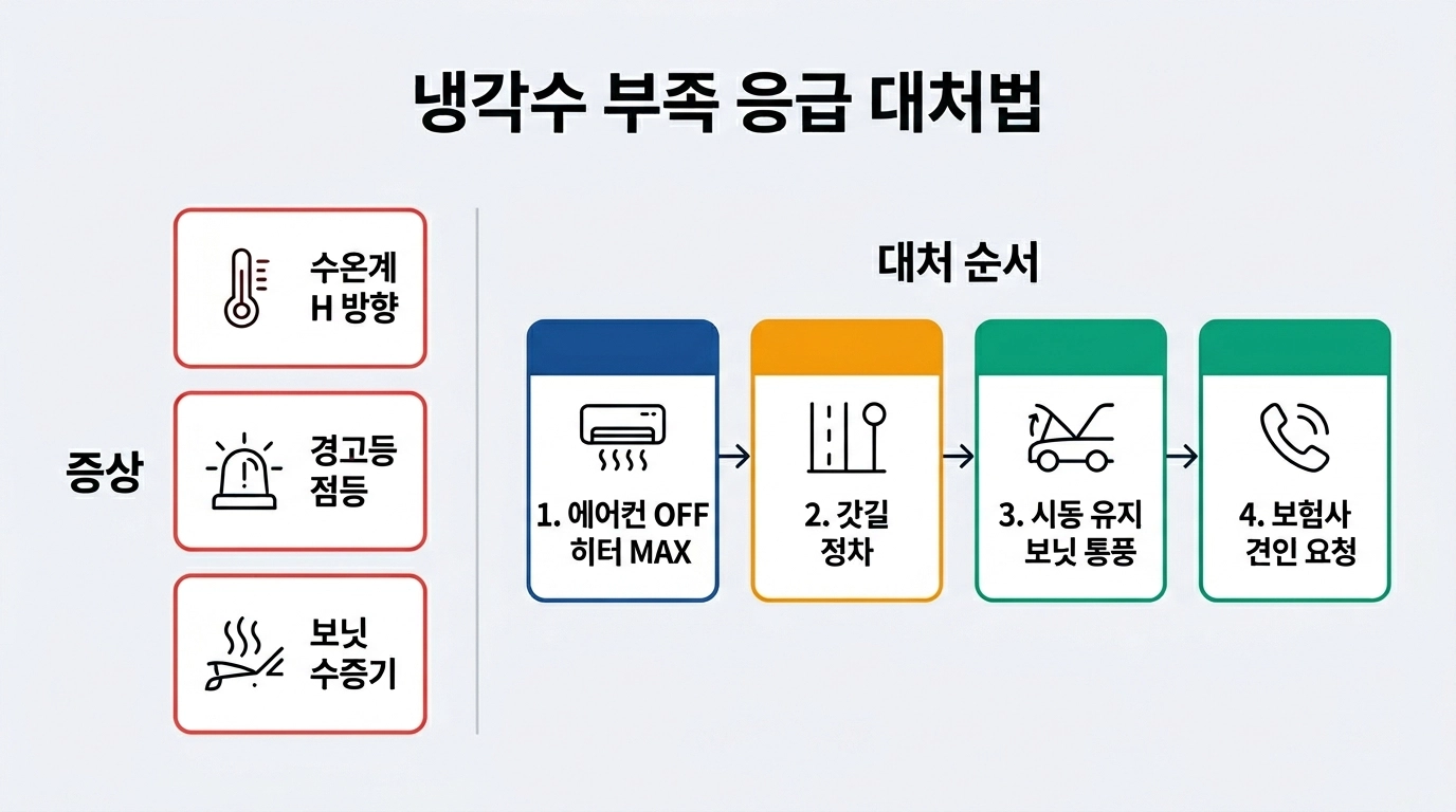 자동차 냉각수 부족 증상 엔진 과열 경고등 응급 대처 5단계 인포그래픽