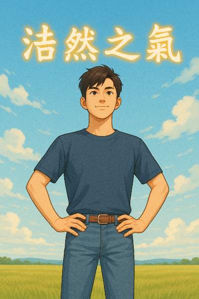 푸른 하늘과 넓은 들판을 배경으로, 당당하게 서 있는 MZ세대 캐릭터의 모습. 캐릭터 주변으로 '浩然之氣' 문구가 은은하게 빛나고, 맑고 긍정적인 에너지가 느껴지는 분위기